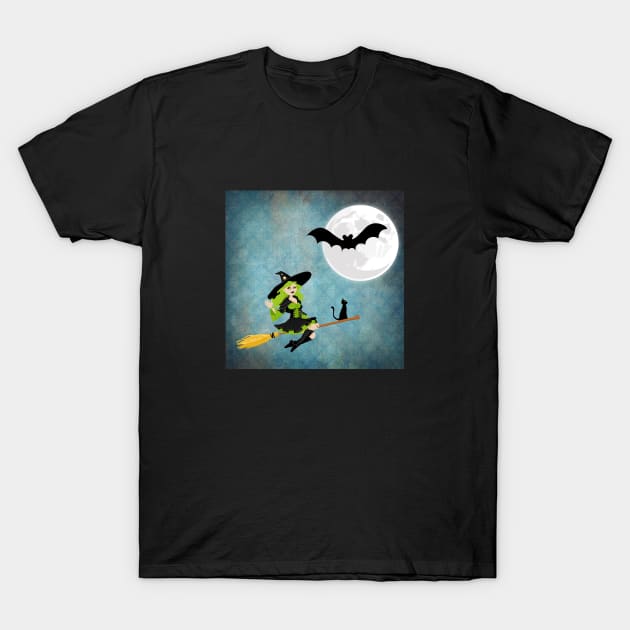 Green Haired Witch Flying on Broom With Cat T-Shirt by TNMGRAPHICS